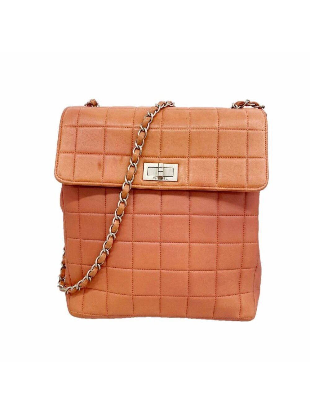 Chanel Shoulder Bag Choco Bar Lambskin Coral Pink Silver